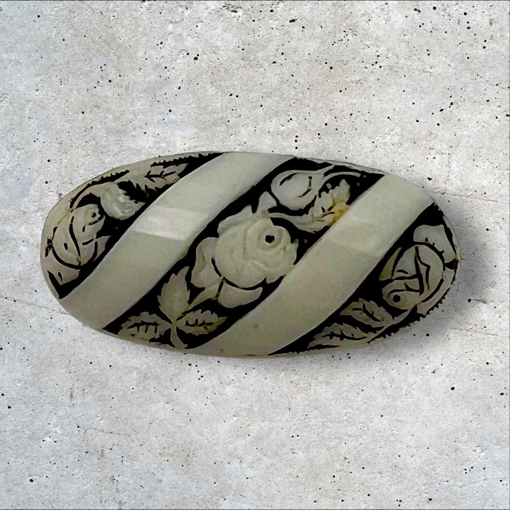 Antique Hand Carved Bovine Bone  Floral Design Brooch On Brass. Czechoslovakia